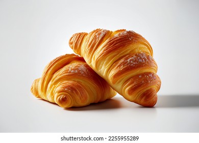 Croissant bread closeup isolated isolated on white background. display, whole and side view. frontal full view. lifestyle studio shoot. closeup view.