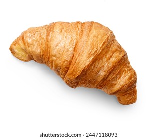 A croissant, delicious pastry of French cuisine baked in the oven, is depicted on a white background, top view. This dessert is made from ingredients such as flour, butter and yeast, cheese