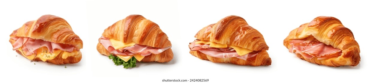 croissant sandwich with ham, cheese and eggs, isolated on white background. Set of tasty croissant sandwich set collation on white background - Powered by Shutterstock