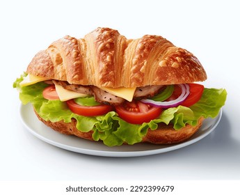 Croissant sandwich with ham, cheese, tomato and lettuce on white background - Powered by Shutterstock