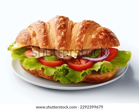 Croissant sandwich with ham, cheese, tomato and lettuce on white background