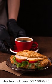 Croissant With Turkey, Cheese, Vegetables And Aromatic Coffee