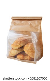 Croissants, Bread Or Buns In Brown Paper Bag Isolated On White Background, Fresh Bakery Product In Packaging, Fast Food And Snack Or Meal Ready To Eat, Sold In Convenience Store Or Supermarkets.