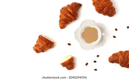 Croissants With A Cup Of Coffee, On A White Background, Top View, No People, Horizontal, Breakfast