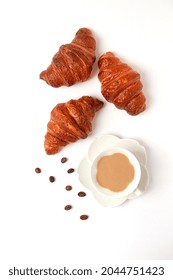 Croissants With A Cup Of Coffee, On A White Background, Top View, No People, Vertical,
