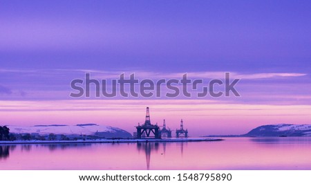 Cromarty Firth, oil drilling rigs at sunset Scotland