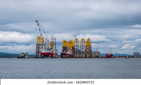 CROMARTY, SCOTLAND, UK. August 2nd 2020. Seajacks Scylla, The Worlds Most Advanced Offshore Wind Farm Installation Vessel. Loading Foundation Tripods In Cromarty Firth, Scotland