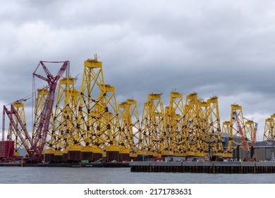 Cromarty, Scotland UK. May 2022. Tripods For Supporting Wind Turbines, Awaiting Relocation In The North Sea, Photographed At Port In Cromarty, Scotland UK.