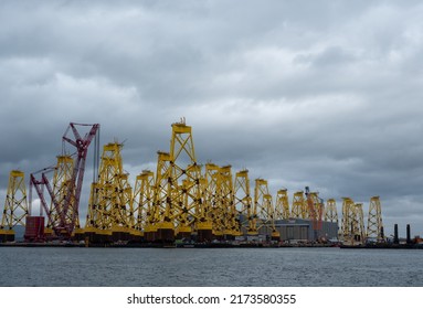 Cromarty, Scotland UK. May 2022. Tripods For Supporting Wind Turbines, Awaiting Relocation In The North Sea, Photographed At Port In Cromarty, Scotland UK.