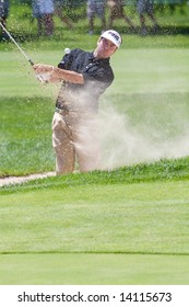 CROMWELL, CT - JUNE 21: Golfer Bubba Watson Chips Out Of The Sand Trap At Hole 5 At The Travelers Championship At TPC River Highlands Golf Course On June 21, 2008 In Cromwell, CT