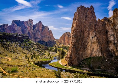 The Crooked River snakes through the valley at Smith Rock State Park Oregon