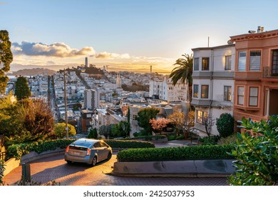 The crookedest street in the world Lombard Street. San Francisco is lightened by morning sun. View from top point of famous street. - Powered by Shutterstock