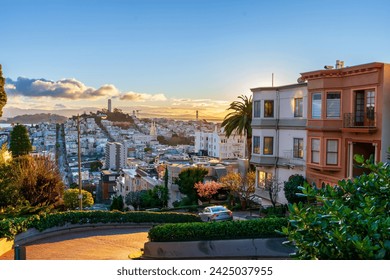 The crookedest street in the world Lombard Street. San Francisco is lightened by morning sun. View from top point of famous street. - Powered by Shutterstock