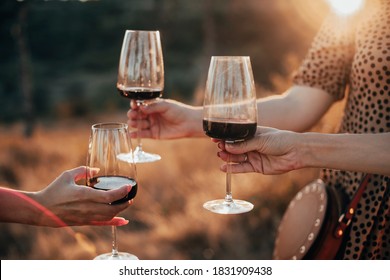 Anonyme weibliche Freunde, die während der Sommerabende auf dem Lande bei einer Party im Freien mit einer Brille Rotwein toasteln