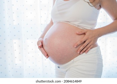 Crop Anonymous Pregnant Lady In Crop Top Rubbing Tummy While Standing Near Window In Daytime