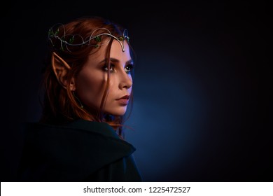 Crop of beautiful girl in dark green standing back to camera. Portrait of gorgeous and elegant queen of elves in silver tiara thoughtfully looking up. Isolated of woman on dark blue studio background.