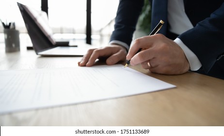 Crop Close Up Of Businessman Sign Paper Contract Make Legal Agreement In Office, Male Leader Or Boss Put Signature On Paperwork Document Close Business Deal At Workplace, Employment, Law Concept