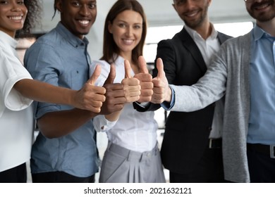 Crop close up portrait of smiling multiracial employees show thumb up give recommendation. Happy diverse multiethnic colleagues coworkers recommend good quality company service. Review concept. - Powered by Shutterstock