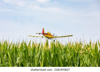 Crop Duster Airplane Spraying Chemicals On Cornfield. Fungicide, Pesticide And Crop Spraying Concept.