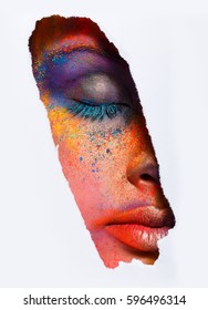 Crop Image Of Female Face With Eyes Closed With Colorful Powder Make Up On White Background. Beautiful Fashion Model With Creative Art Makeup. Abstract Colourful Splash Make-up. Holi Festival