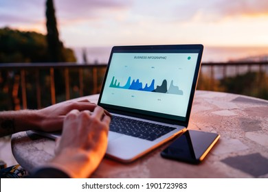Crop male freelancer sitting at table on terrace in summer evening and browsing laptop while working on business project remotely