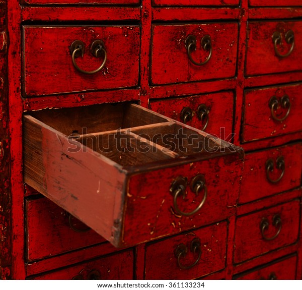 Crop Red Chinese Lacquered Apothecary Cabinet Stock Photo Edit