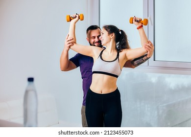 Crop Top Sports Bra On Woman During Fitness At Home With Coach.