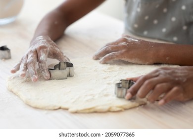 Cropped Of African American Family Mother And Daughter Making Diverse Figures With Cookie Cutters, Unrecognizable Black Mom And Kid Baking Together At Home, Using Biscuit Figurines, Baking Concept