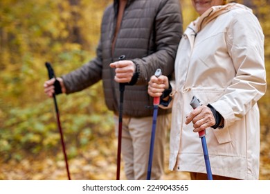 Cropped caucasian european couple in casual wear walking with nordic walking poles in autumn park. Elderly woman and old man with gray hair doing exercise outdoors. Healthy lifestyle concept. - Powered by Shutterstock