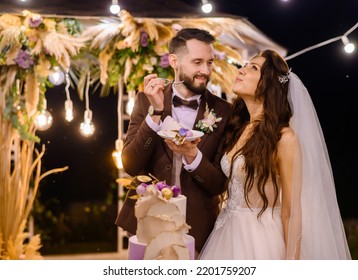 Cropped of cheerful groom in wedding costume, looking at bride in dress and feeding with festive cake while standing together outdoors, under lighting garland and decorated altar - Shutterstock ID 2201759207