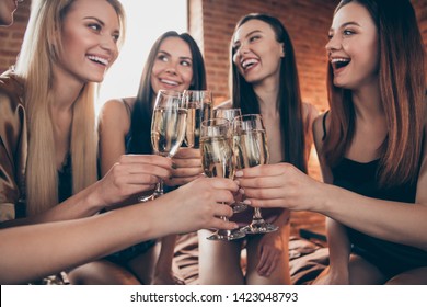 Cropped Close Up Photo Five Amazing Beautiful She Her Ladies Hands Arms Glasses Festive Golden Beverage Short Nightie Sit Sheets Clink Listen Tell Talk Toasts Sleep Costumes Girls Night Room Indoors