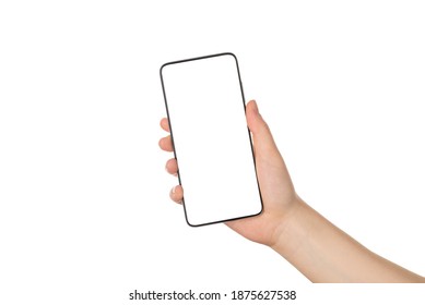 Cropped close up photo of human hand demonstrating telephone advertising with copyspace isolated white background - Shutterstock ID 1875627538