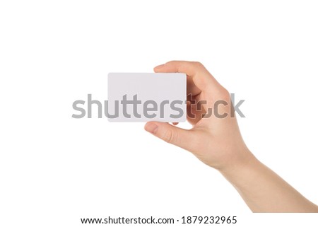 Cropped close up photo of human hand showing empty blank card with copy space isolated white background