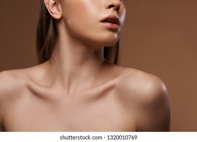 Cropped close up portrait of charming girl with perfect silky skin keeping mouth slightly open and demonstrating her long graceful neck