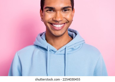 Cropped close up portrait of cheerful nice person beaming smile isolated on pink color background - Shutterstock ID 2254030455