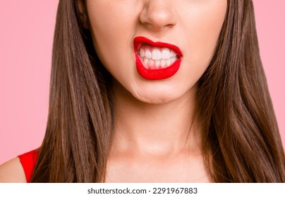 Cropped close up view half faced view photo portrait of sexual seductive tempting bitchy cool hipster lady showing teeth saying unpleasant words isolated on shiny bright vivid background