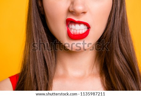 Cropped close up view half faced view photo portrait of sexual seductive tempting bitchy cool hipster lady showing teeth saying unpleasant words isolated on shiny bright vivid background