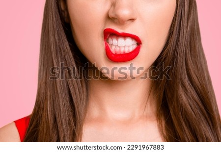 Cropped close up view half faced view photo portrait of sexual seductive tempting bitchy cool hipster lady showing teeth saying unpleasant words isolated on shiny bright vivid background