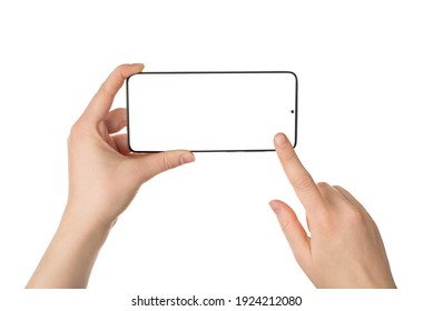 Cropped close up view photo picture of female woman's hands holding telephone in horizontal position touching screen isolated white backdrop - Shutterstock ID 1924212080