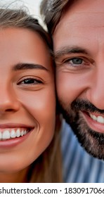 Cropped Close-up Of Handsome Man And Attractive Woman Smiling And Having Fun.