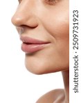 Cropped close-up image of perfect female face with beautiful nose, plump lips and cheekbone, isolated on white studio background. Concept of beauty, plastic surgery, face lifting, face building