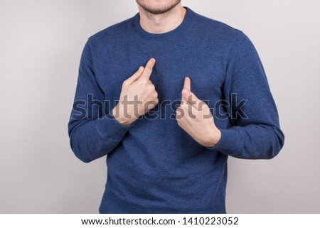 Cropped close-up picture photo portrait of unsure uncertain terrified having problem guy pointing on himself isolated grey background
