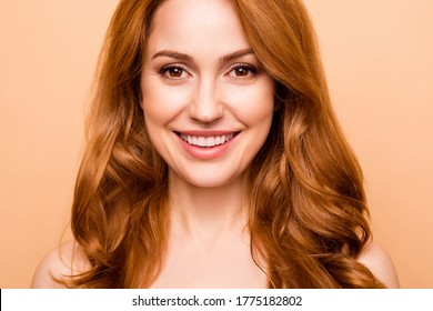 Cropped close-up portrait of her she nice-looking attractive nude naked shine cheerful wavy-haired lady smooth soft pure flawless skin laser therapy treatment isolated over beige background
