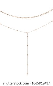 Cropped Close-up Shot Of Golden Multirow Necklace Consists Of Simple Curb Chain And Thin Chain With Glossy Metal Beads. The Elegant Jewelry Set Is Isolated On The White Background. 