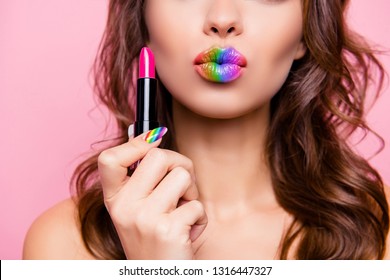 Cropped close-up shot portrait of nice gorgeous glamorous charming lady with amazing colorful tube pink pomade lips rainbow isolated over pink pastel background