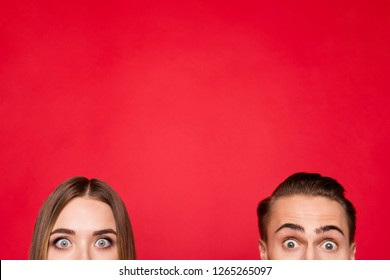 Cropped Close-up Of Two Faces Nice Attractive Charming Cheerful Positive People Staring Eyes Copyspace Isolated Over Bright Vivid Shine Red Background