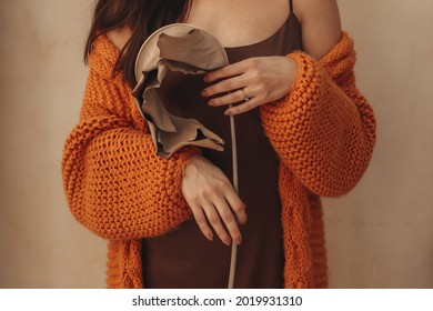 Cropped Female Body In An Orange Knitted Cozy Cardigan Holding A Beige Dry Plant. Autumn Aesthetic Details.