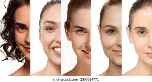 Cropped female halves of faces, placed on narrow vertical white stripe. Concept of emotions, facial expressions, youth, fashion, beauty, skincare and ad - Powered by Shutterstock