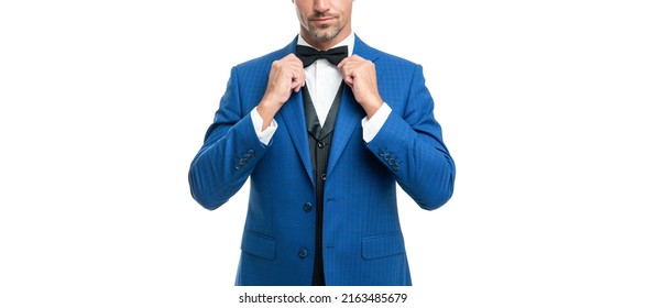 Cropped Guy In Bow Tie Blue Suit. Businessman Isolated On White. Big Boss In Formal Wear