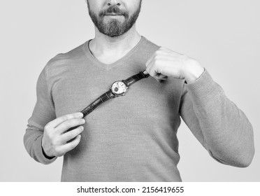 cropped guy with hand watch. business professional dress code. shop assistant showing wristwatch.
